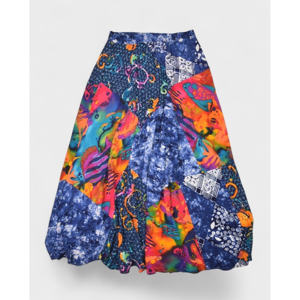 Carole Little Skirt Womens 4 Blue Rayon Fish Art Maxi Flowy Tie Dye Boho Hippy